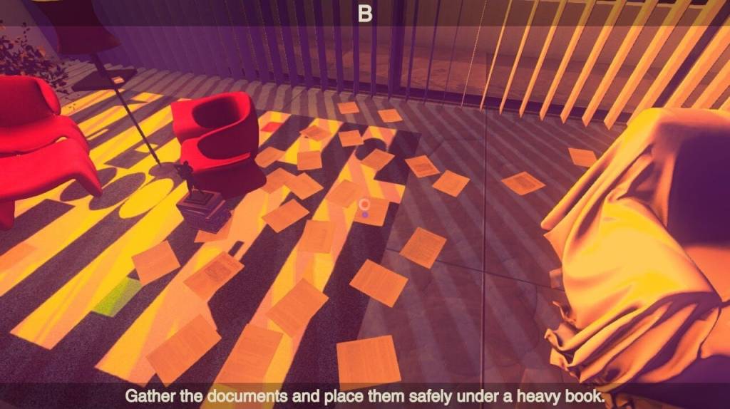 Papers scattered across the floor. Caption: Gather the documents and place them safely under a heavy book.