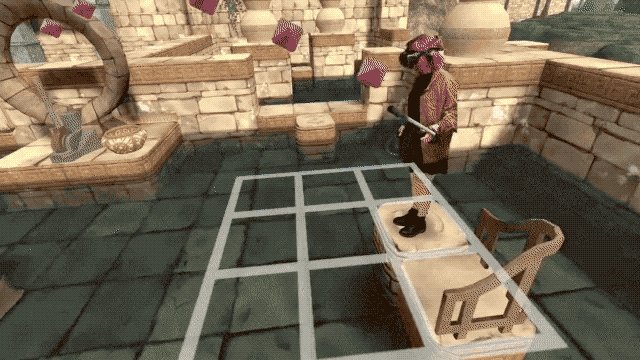 Animation of a real person superimposed on a VR environment standing on a static platform and walking on a rolling barrel