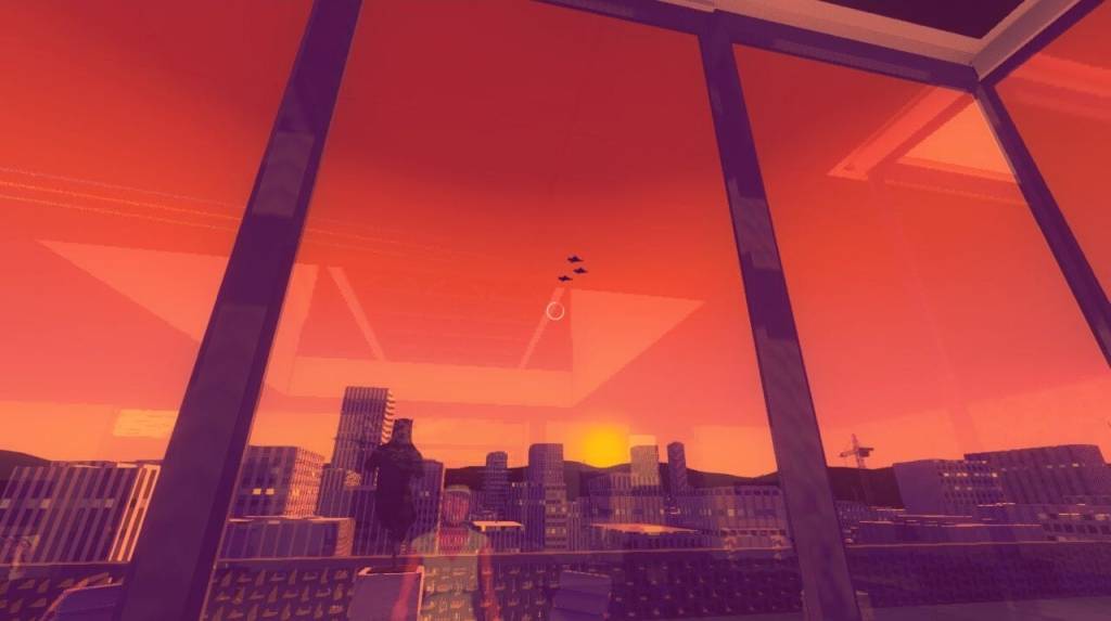 Three fighter jets flying outside a window. Angela, a black woman, is reflected in the glass.