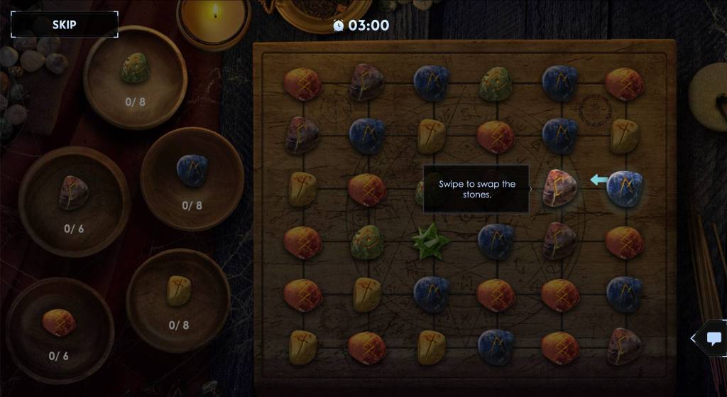 A match-3 grid of stones, with the number of stones required to win on the left