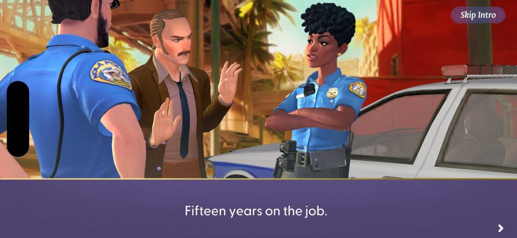 Three cops talking, with the caption "Fifteen years on the job."