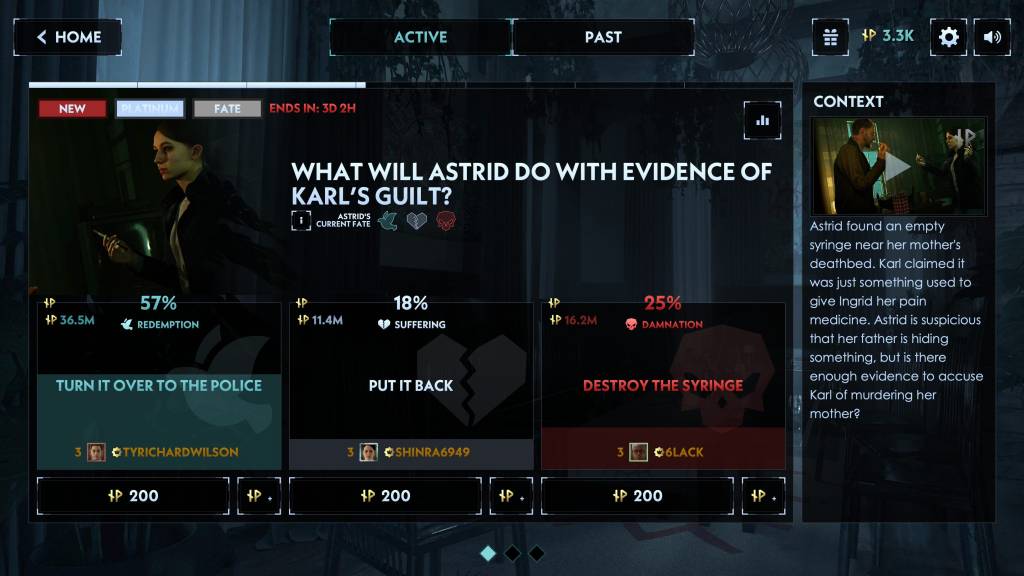 Decision screen – what will Astrid do with evidence of Karl's guilt, with three options available
