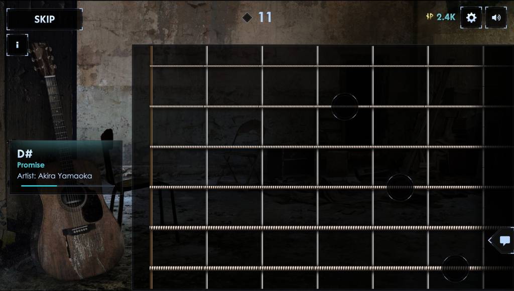 A guitar fretboard with three circles over its strings to be tapped