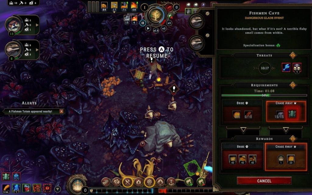 A settlement surrounding by blackened trees. A dangerous glade event, Fishmen Cave, is selected.