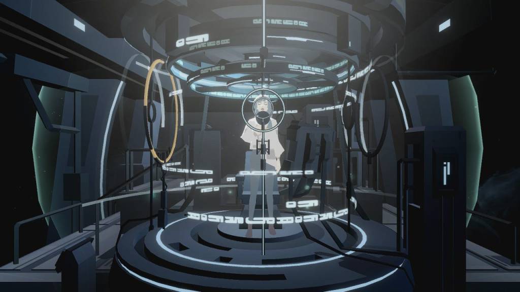 A person stands in a chamber before a microphone