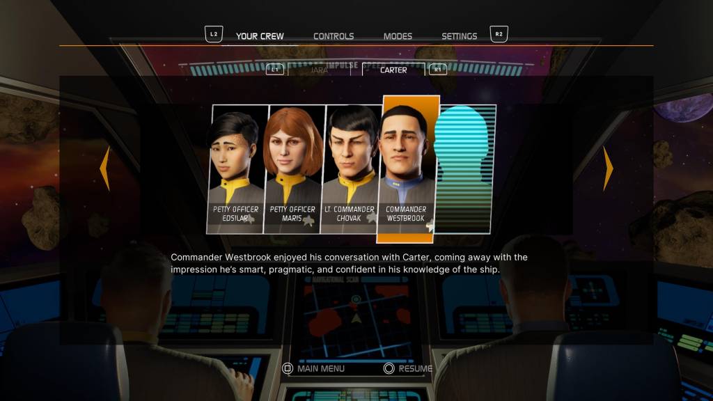 A grid of four characters. "Commander Westbrook enjoyed his conversation with Carter, coming away with the impression he's smart, pragmatic, and confident in his knowledge of the ship"