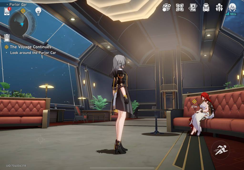 A young woman on board a very large train in space