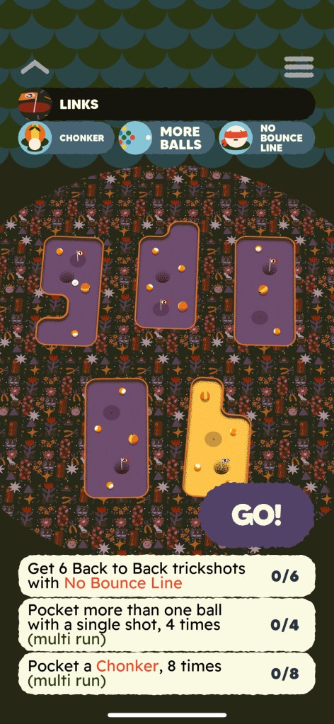 Thumbnails of five tables with these challenges: Get 6 Back to Back trickshots with No Bounce Line Pocket more than one ball with a single shot, 4 times (multi run Pocket a Chonker, 8 times (multi run)