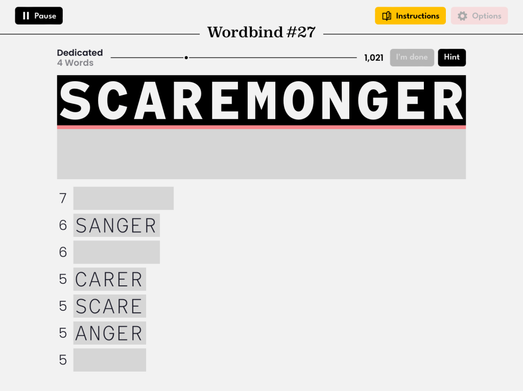 SCAREMONGER in big letters, with SANGER, CARER, SCARE, and ANGER already found within in