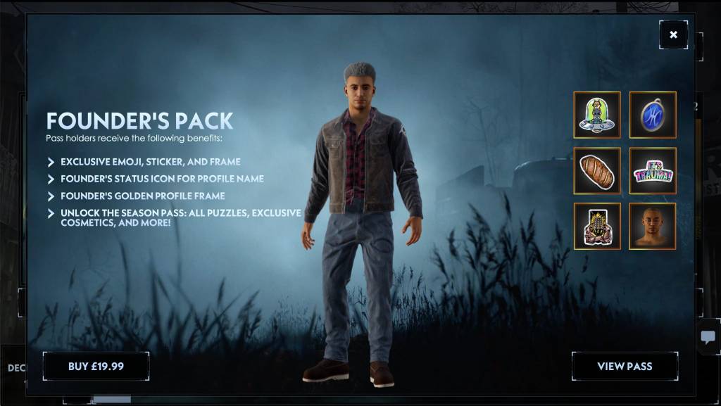 Founder's Pack sales page with list of benefits (emoji, sticker, status icon, season pass)