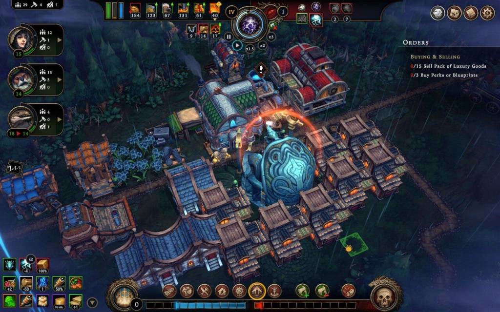 Lots of buildings with the central shell-like building surrounded by an orange aura