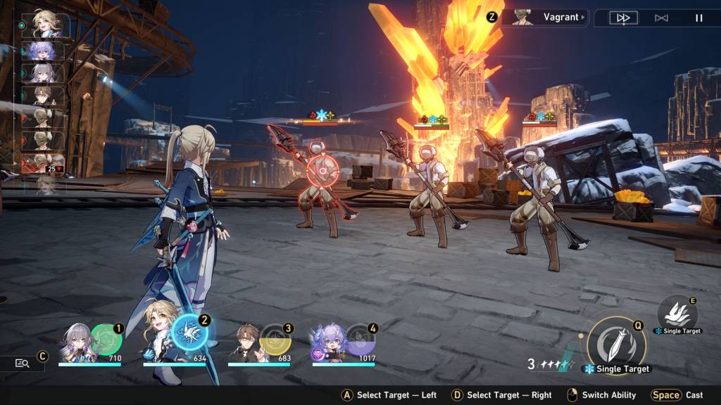 A woman faces three soldiers in battle