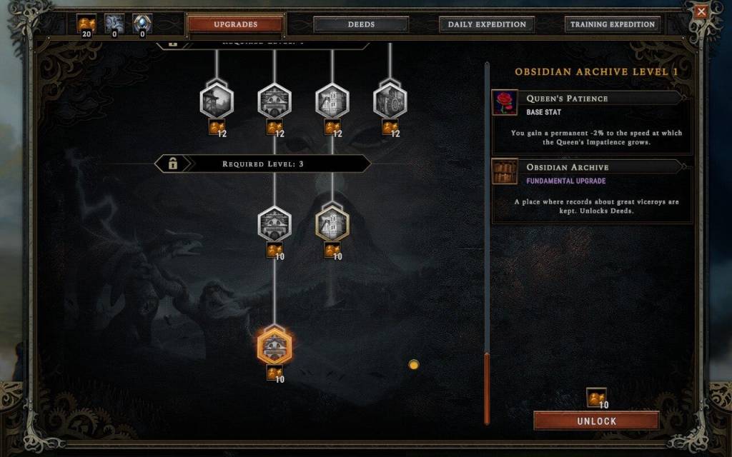 An upgrade tree. The selected upgrade decreases the rate the queen's impatience grows by 2%.