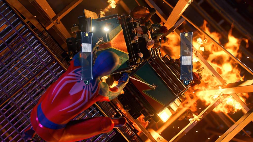 Spider-Man pulls up a rollercoaster carriage