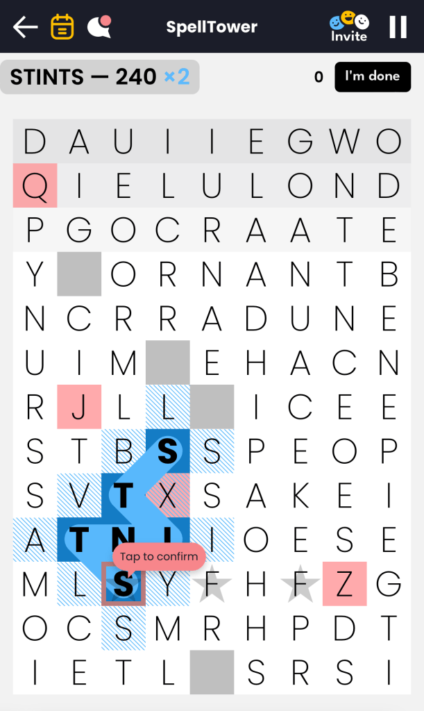 A grid of letters with the word STINTS highlight