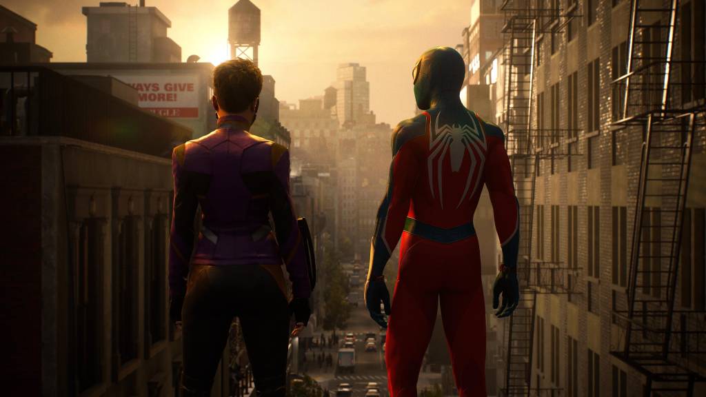 Spider-Man and another superhero stand on a building overlooking Manhattan