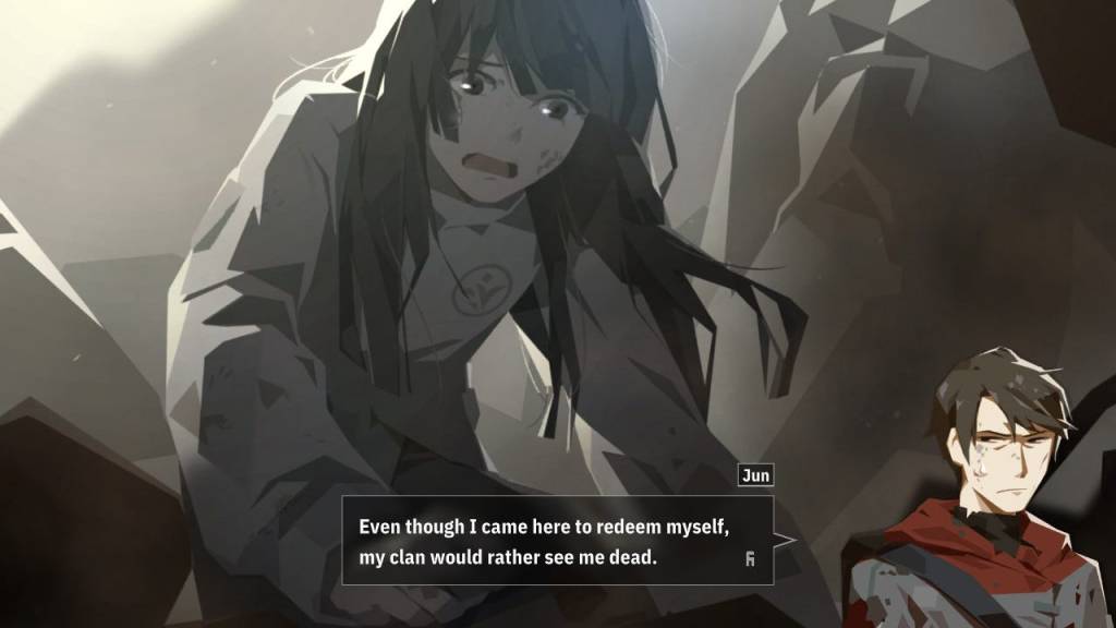 A woman crouches down while Jun says "Even though I came here to redeem myself, my clan would rather see me dead."