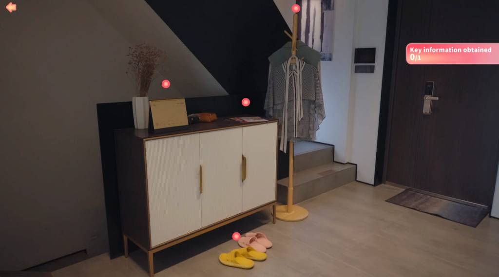A vestibule in a flat with red dots over a calendar, slippers, clothes tree, and flyers