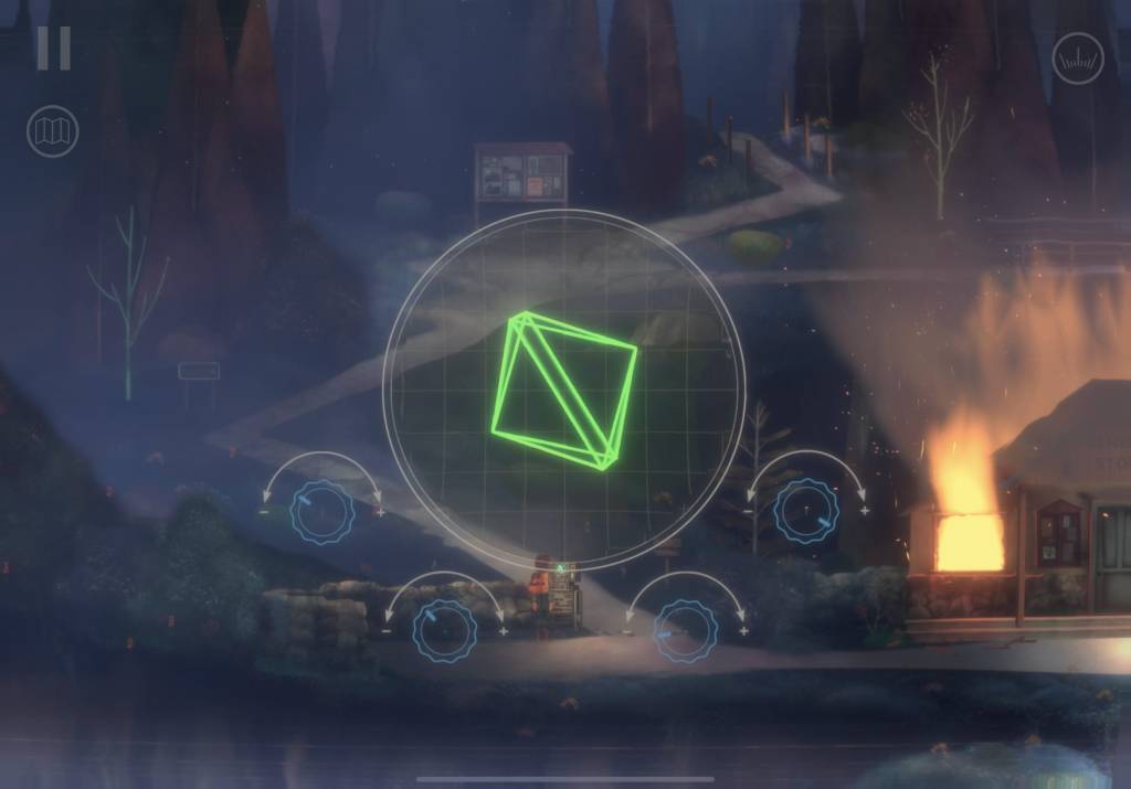 A wireframe cube surrounded by four dials