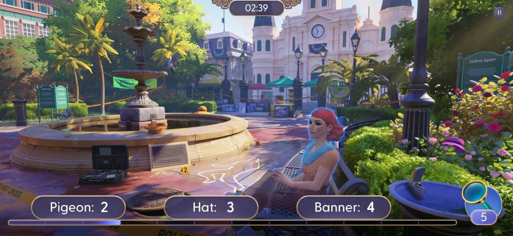 A plaza with a fountain, with Pigeon: 2, Hat: 3, Banner: 4