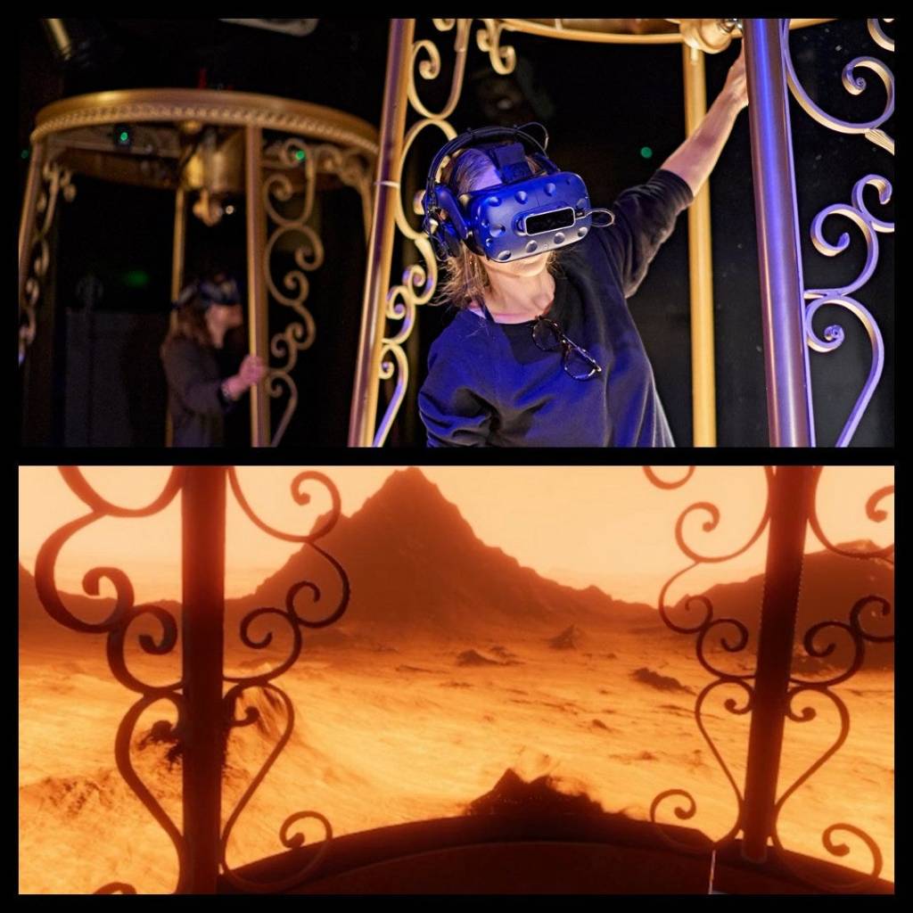 Top image: A person stands in balloon basket wearing a VR headset. Bottom image: A VR view out onto the surface of Mars.