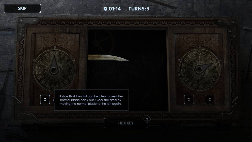 Lockpicking minigame, with a box with two dials and blades coming out either side