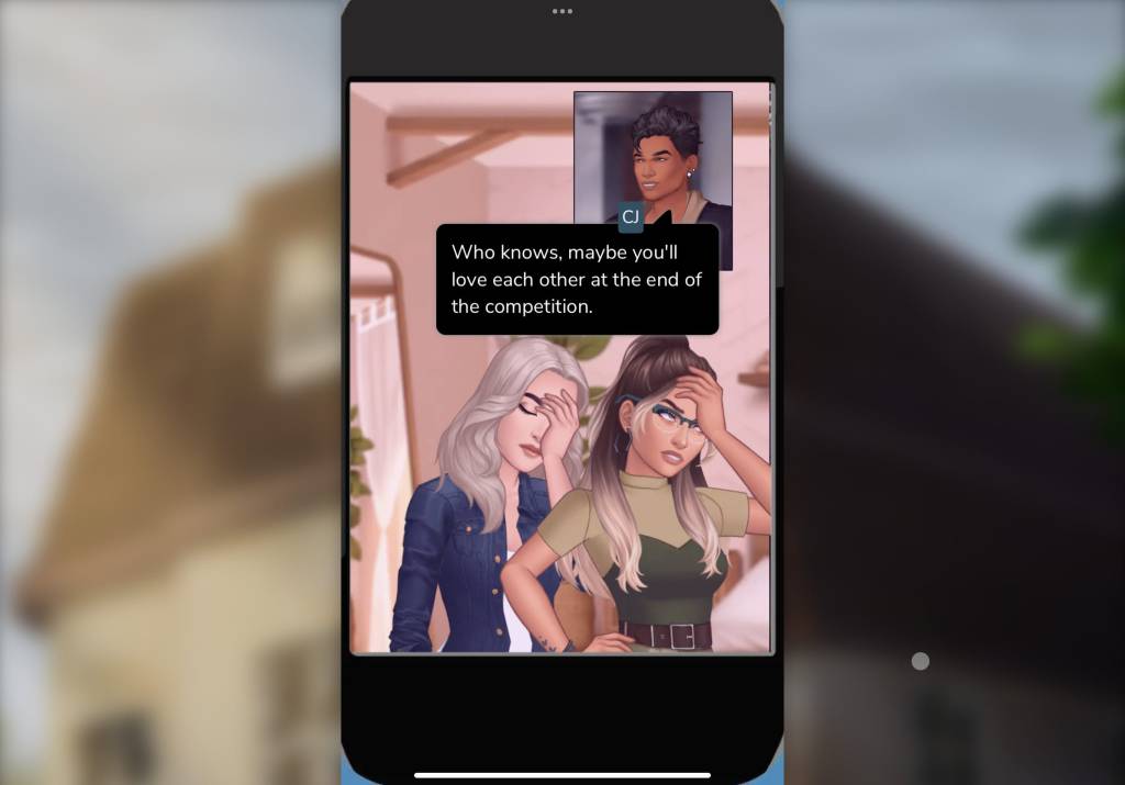Facetime call. CJ says: Who knows, maybe you'll love each other at the end of the competition. Two women facepalm simultaenously.