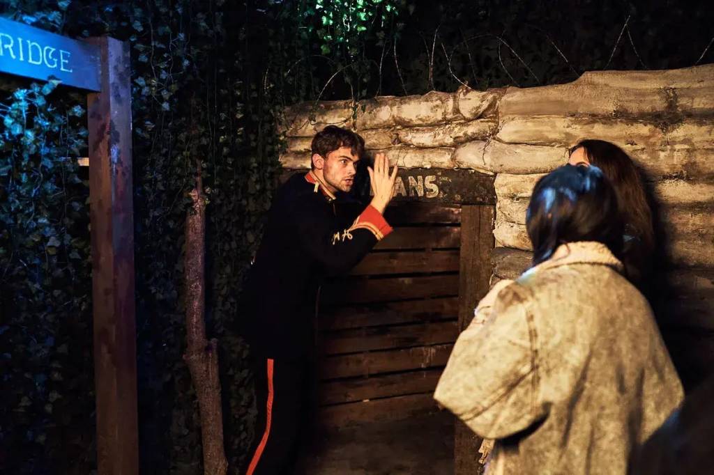 A soldier stands in front of a trench entrance