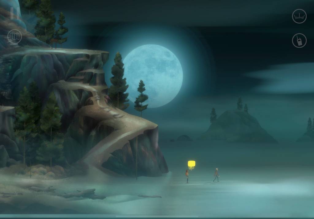 A giant moon floats behind cliffs next to a beach