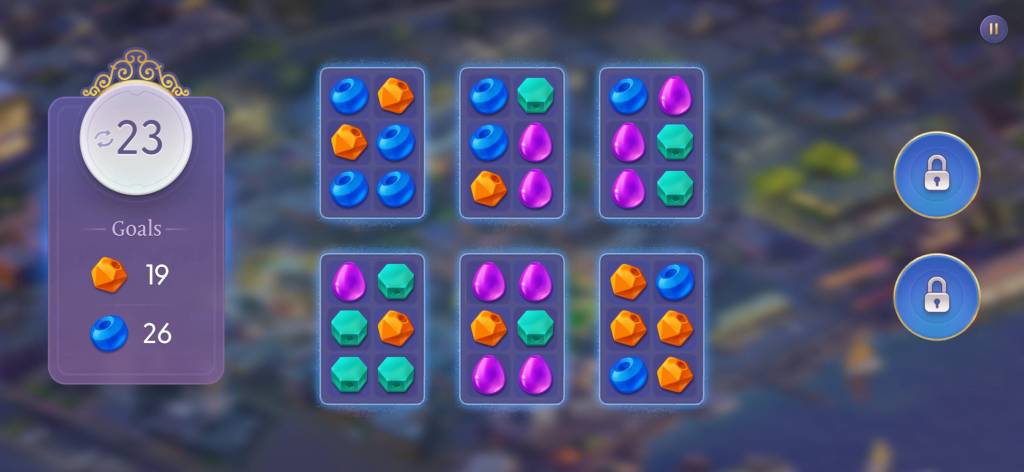 Six grid of six coloured beads. Goal is to get 19 orange and 26 blue beads.