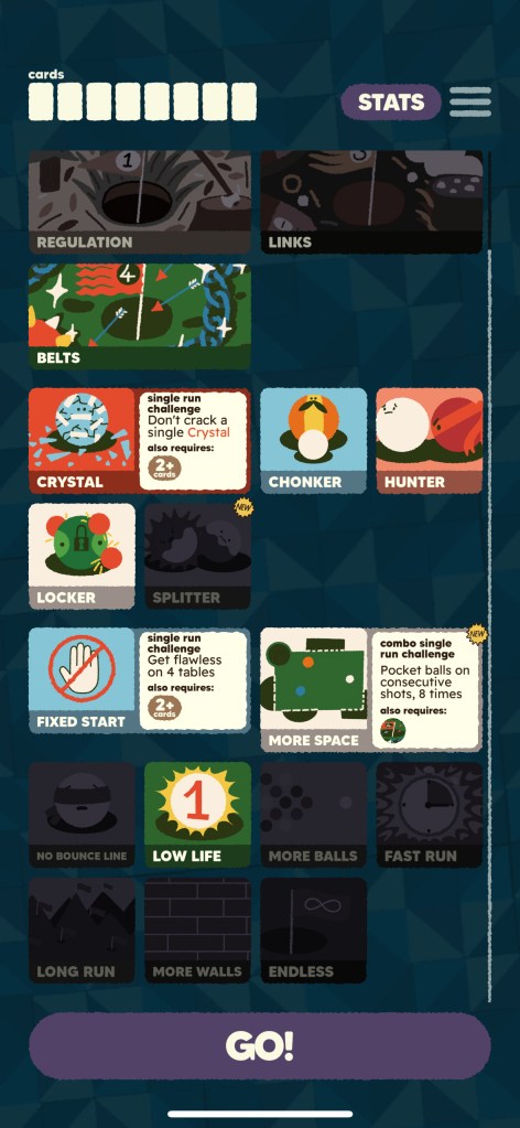 A grid of worlds and modifier cards and challenges like Crystal (Don't crack a single crystal), Chonker, Splitter, Locker, Fixed Start (Get flawless on 4 tables)