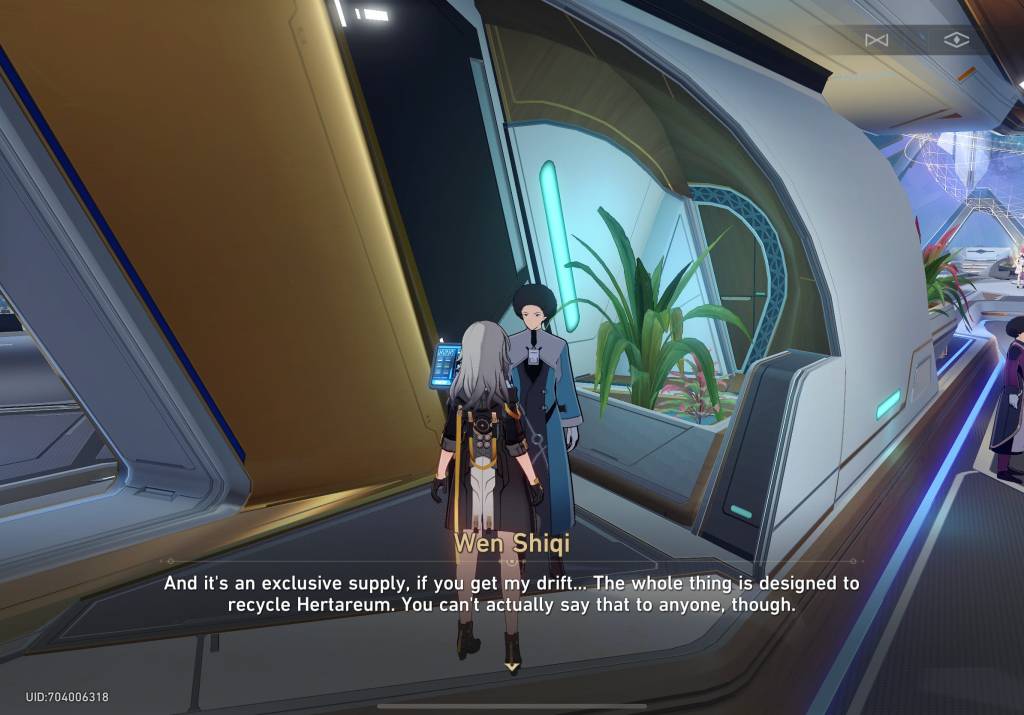 Wen Shiqi says "And it's an exclusive supply, if you get my drift... The whole thing is designed to recycle Hertareum. You can't actually say that to anyone, though."