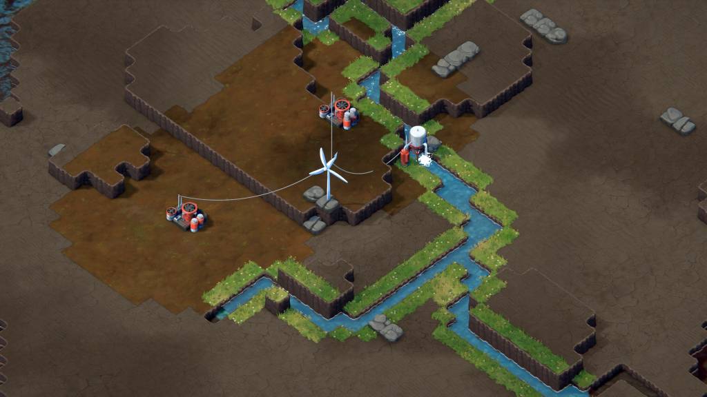 A wasteland with a river running through it and a windmill