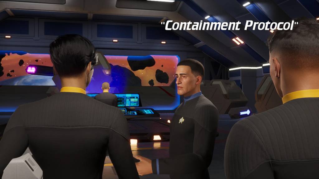 A group of people stand in a shuttlebay. The title "Containment Protocol" is in the top right corner.