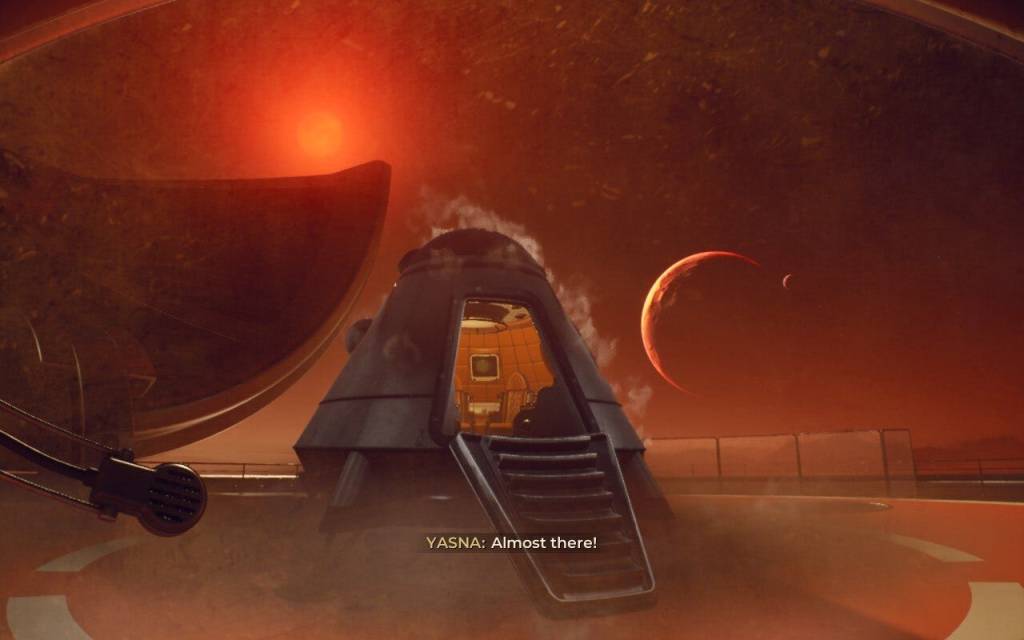 A lander spaceship that's steaming with heat, under a red sky