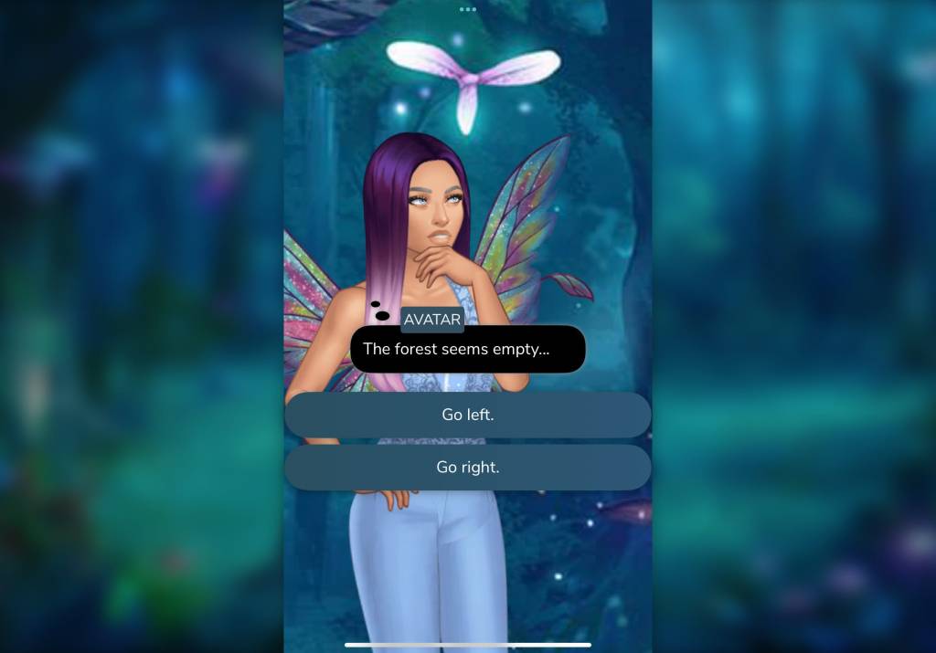 Elle's Avatar: The forest seems empty. Choice 1/ Go left. 2/ Go right.