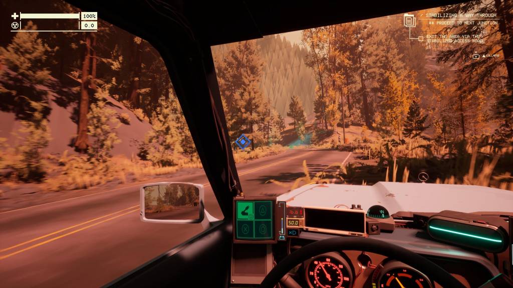 Looking out from a car to a sunny forest