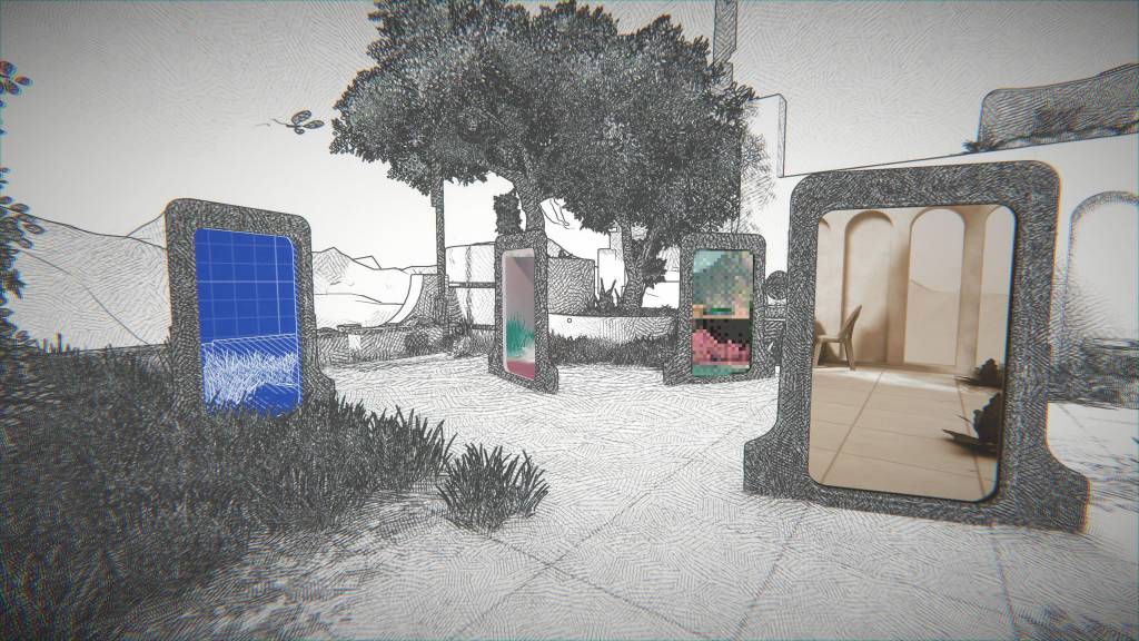 A crosshatch 3D worlds with portals showing blue wireframe, colour, and pixellated worlds