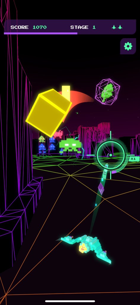 An invader with a shield fires a yellow cube towards us