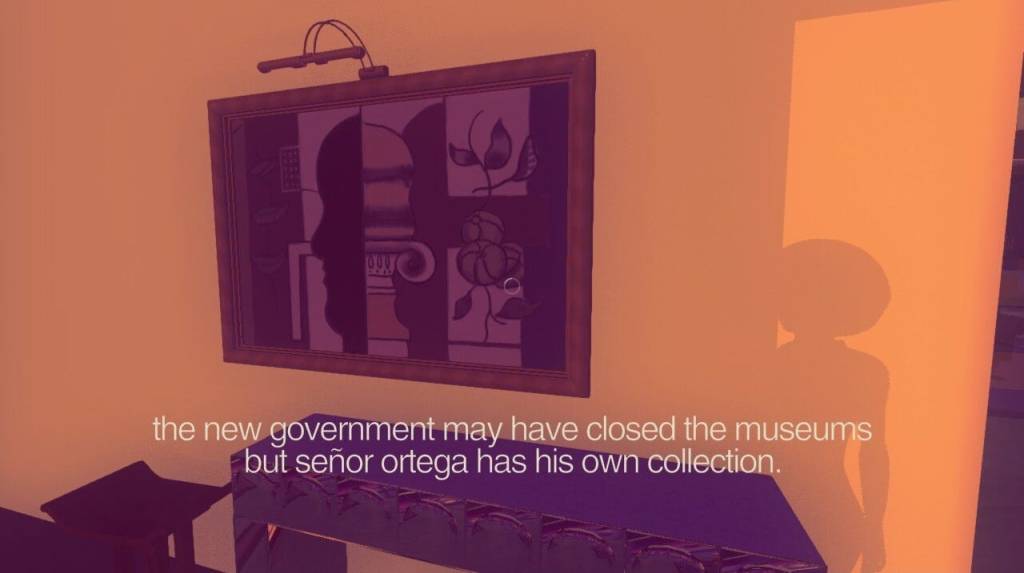 A painting on a wall, with the caption "the new government may have closed the museums but señor ortega has his own collection"