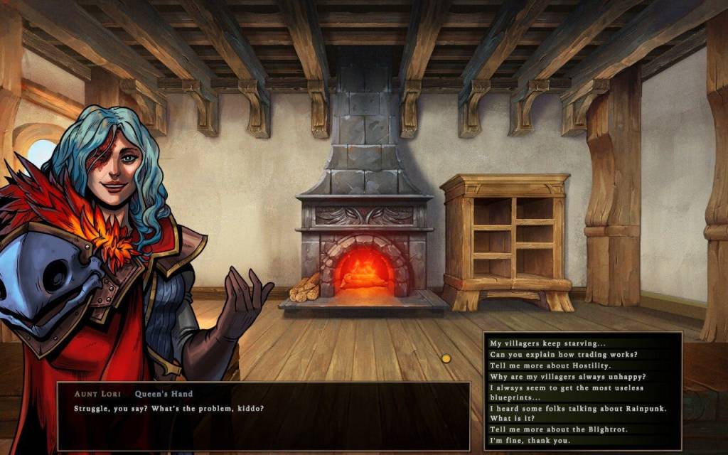 A scene of an empty room with a woman standing it in: your Aunt Loki, the Queen's Hand. You can ask questions including "My villagers keep starving :and "Tell me more about the Blightrot"
