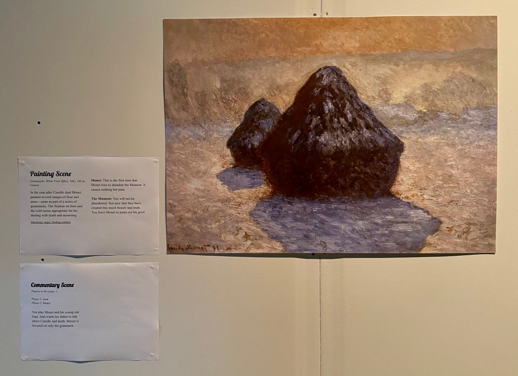 A painting of haystacks with two labels beside it for the Painting Scene and the Commentary Scene