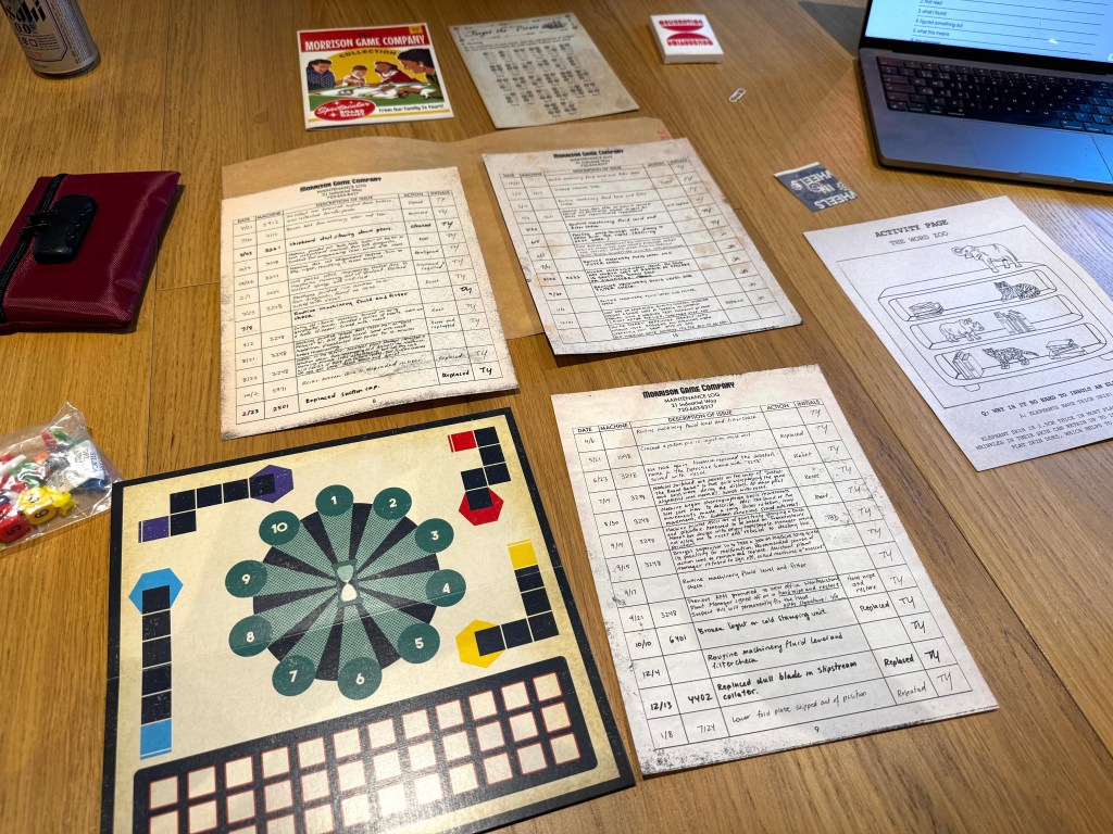 A game board, three maintenance log sheets, some game pieces and brochures