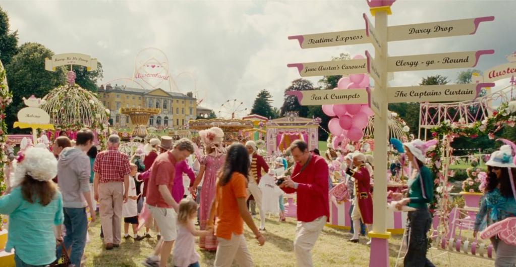 A small theme park with crowds of people and signs pointing to Darcy Drop, Clergy-go-Round, The Captain's Curtain, Tea & Crumpets, etc.