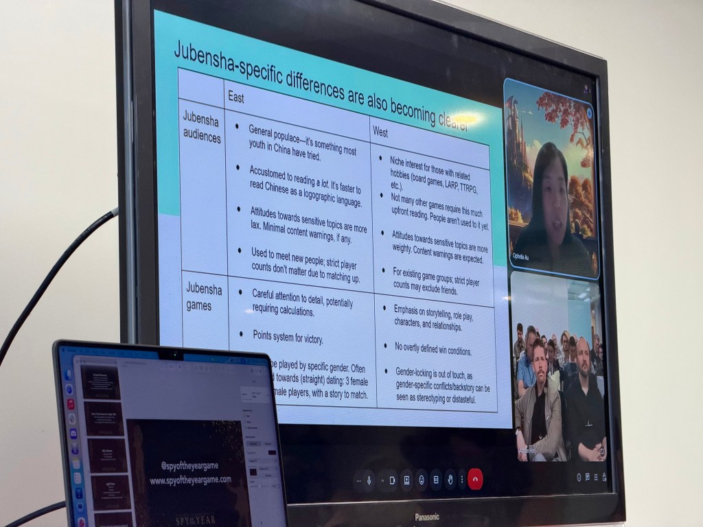 A TV showing a video call with a slide about "Jubensha-specific differences are also becoming clearer" with feeds of Ophelia and the audience