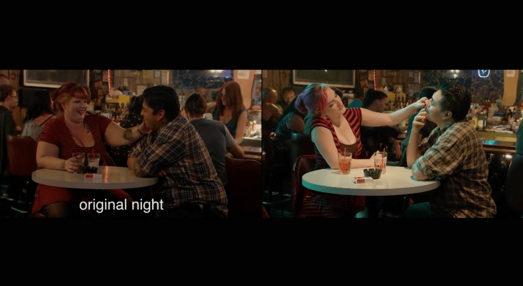 Side by side video still. On the left, labelled "original night" is a still of a couple at a table, the woman touching the man's cheek. On the right is the re-enactment with different lookalike actors in the same pose.