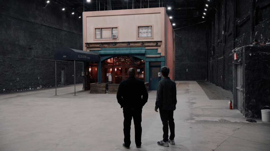 A recreated bar exterior inside a warehouse