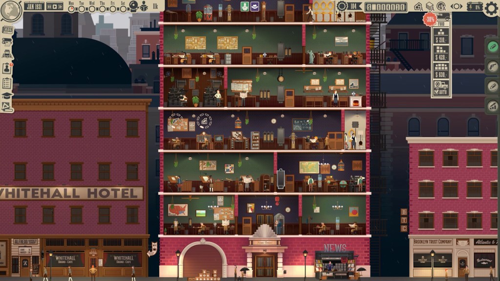 Screenshot of a cross-section of a tower block filled with desks, reporters, and printing presses