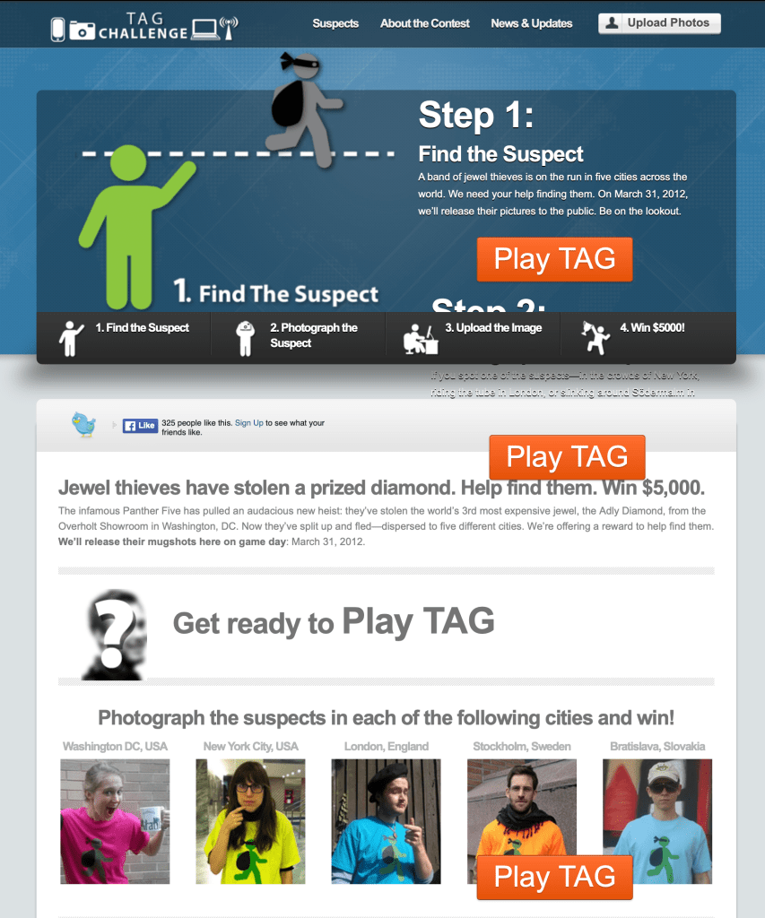 Screenshot of the Tag Challenge website. "Find the Suspect" and "jewel thieves have stolen a prized diamond. Help find them. Win $5000".