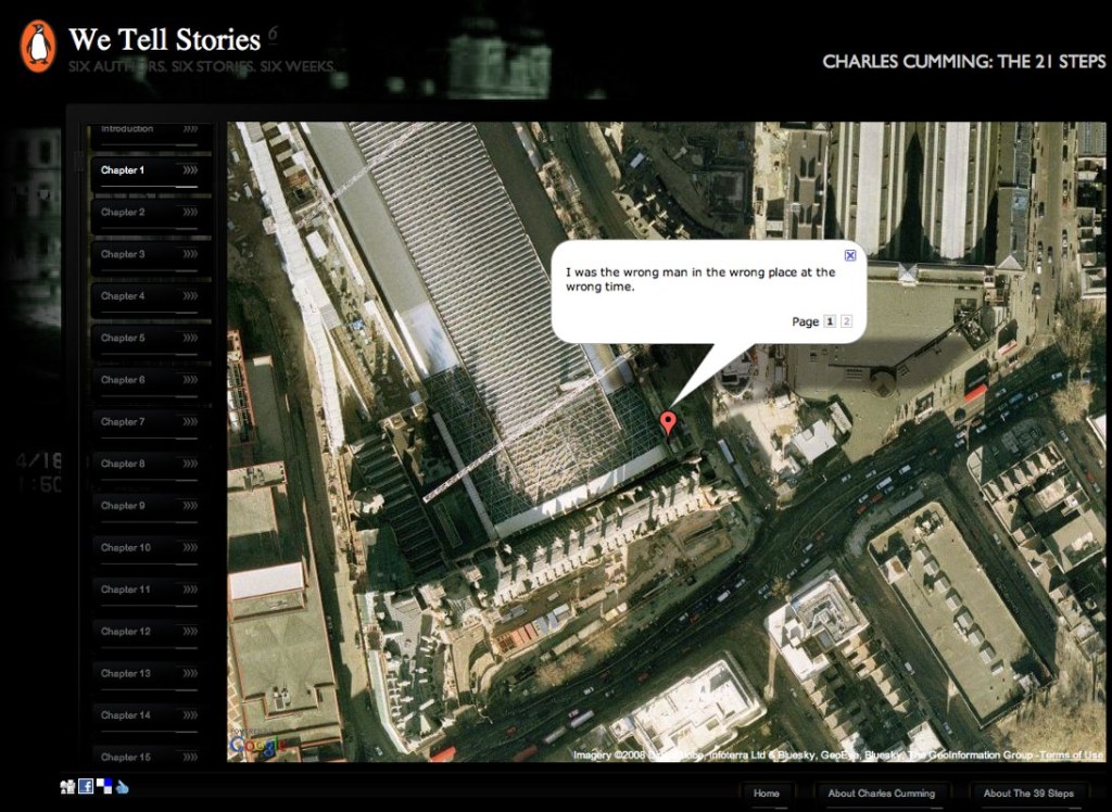 Screenshot of The 21 Steps: a satellite map of King's Cross station, with a speech bubble saying "I was the wrong man in the wrong place at the wrong time."